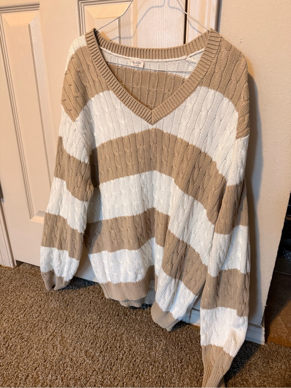 Brandy Melville Cream & Tan Striped V-Neck Cable Knit Sweater
